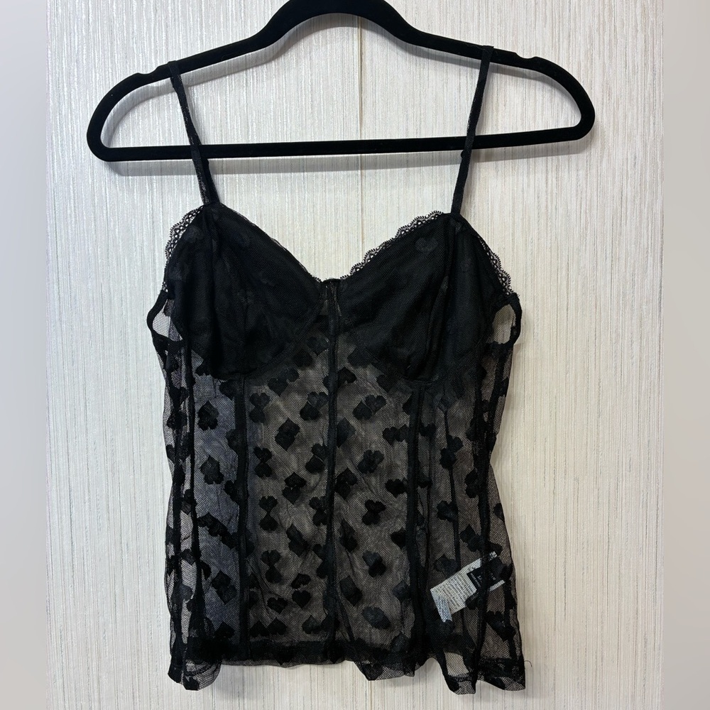 1XL Plus Size Black Mesh Corset Cami‎ Hearts Top